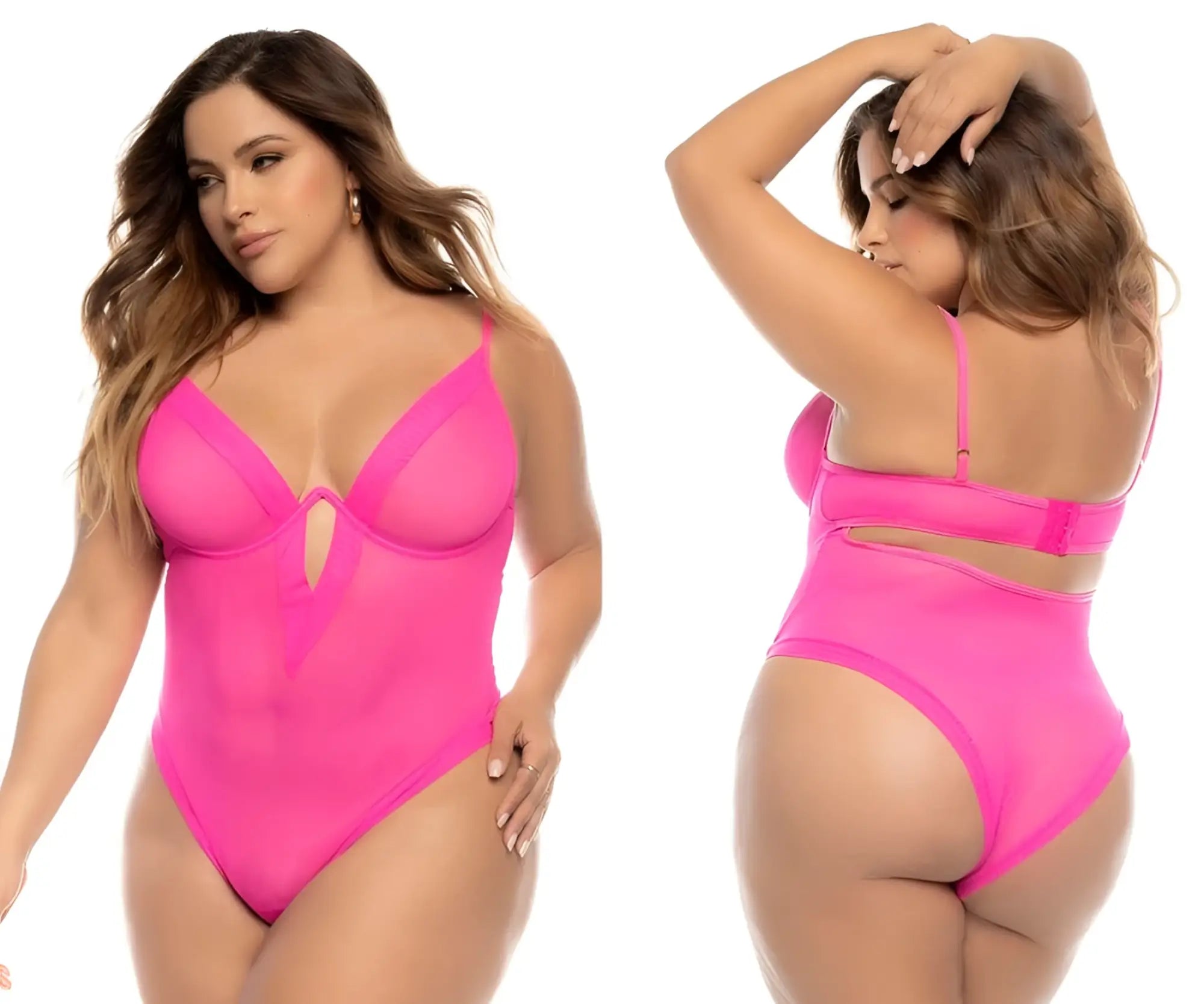 Mapale 8832X Debra bodysuit plus in hot pink sheer fabric with plunging neckline and side cutouts one-piece swimsuit