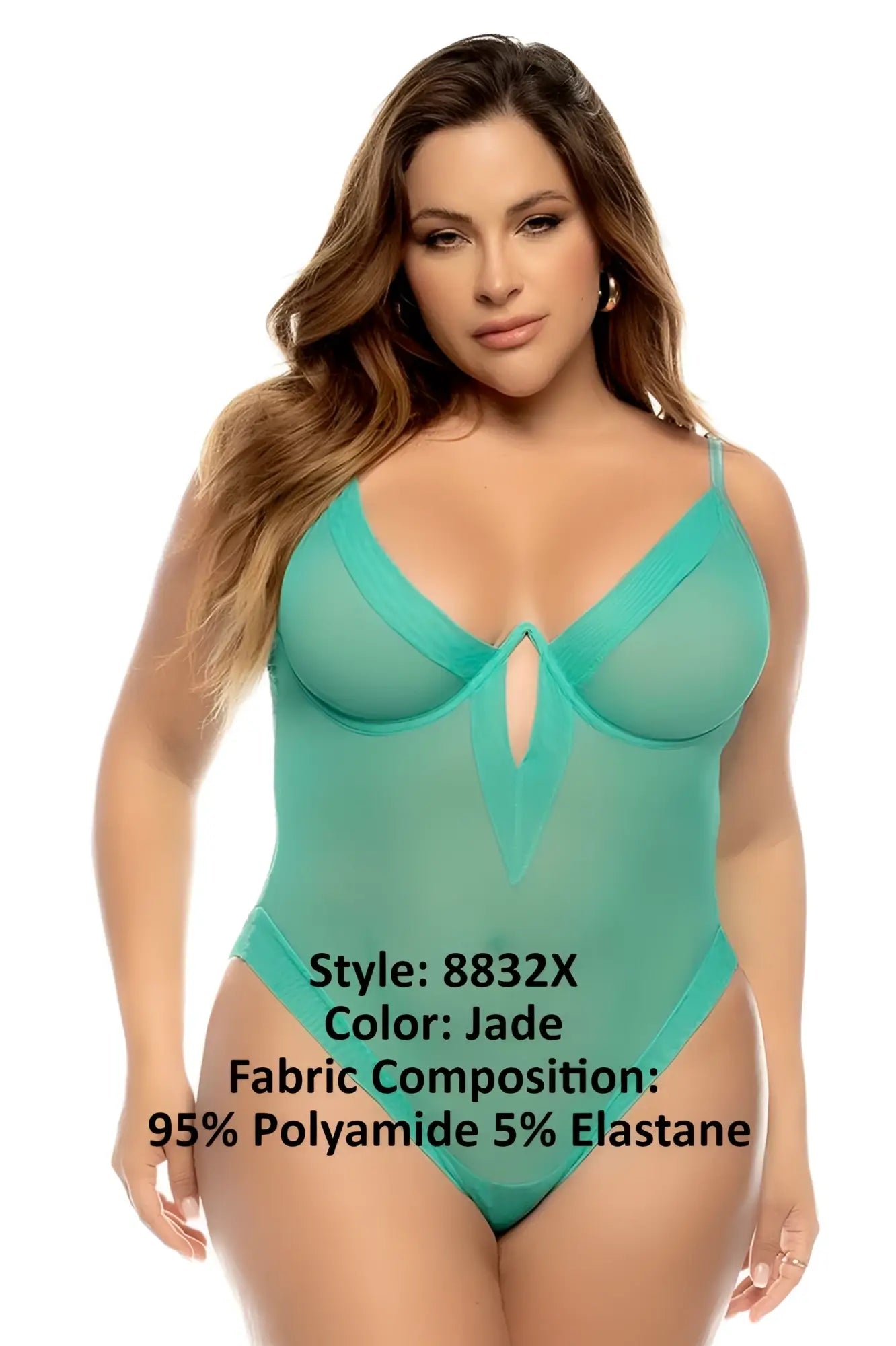 Jade-colored sheer one-piece debra bodysuit by mapale with v-neckline and side cutouts in plus size