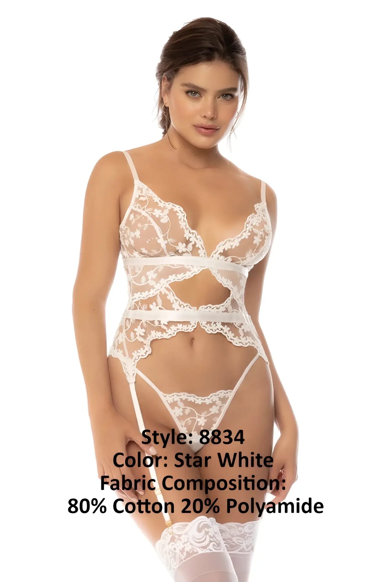 Mapale 8834 maxine star white lace bodysuit with delicate floral patterns thin straps made of cotton polyamide