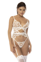 White lace bodysuit with delicate floral patterns and matching garter straps from mapale 8834 maxine two piece set