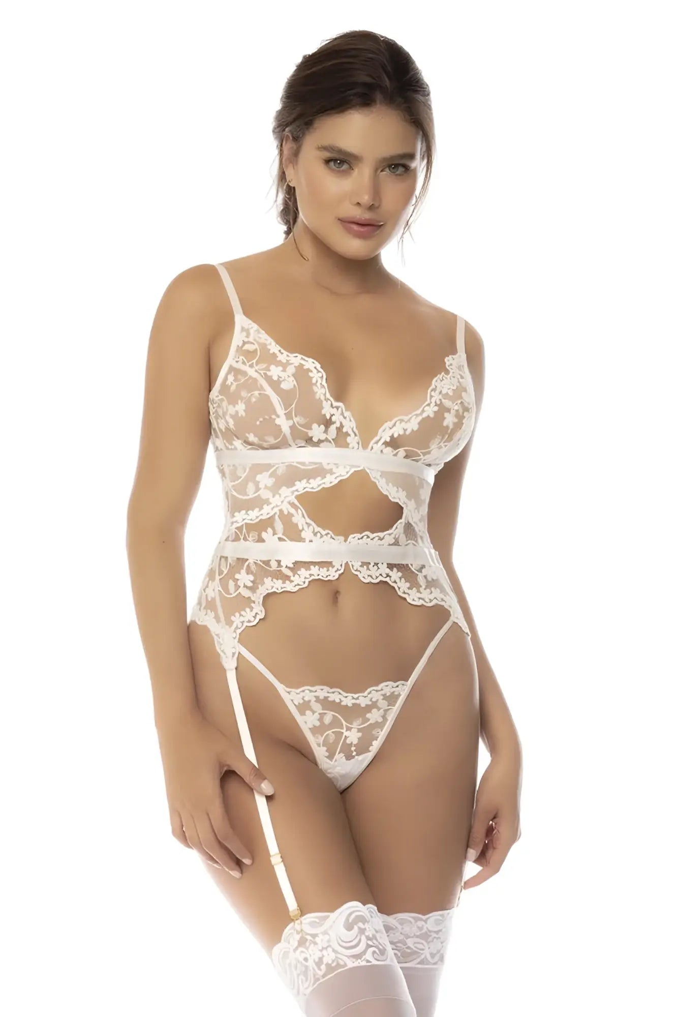White lace bodysuit with delicate floral patterns and matching garter straps from mapale 8834 maxine two piece set