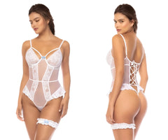 White lace bodysuit with sheer panels and matching garter belt mapale 8838 emmeline teddy in white