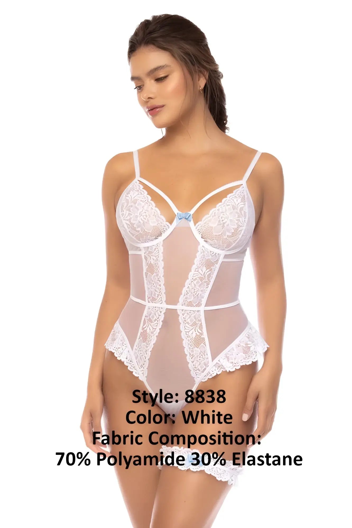 White lace bodysuit with sheer panels and floral embroidery made of 70% polyamide 30% elastane by Mapale 8838 Emmeline teddy