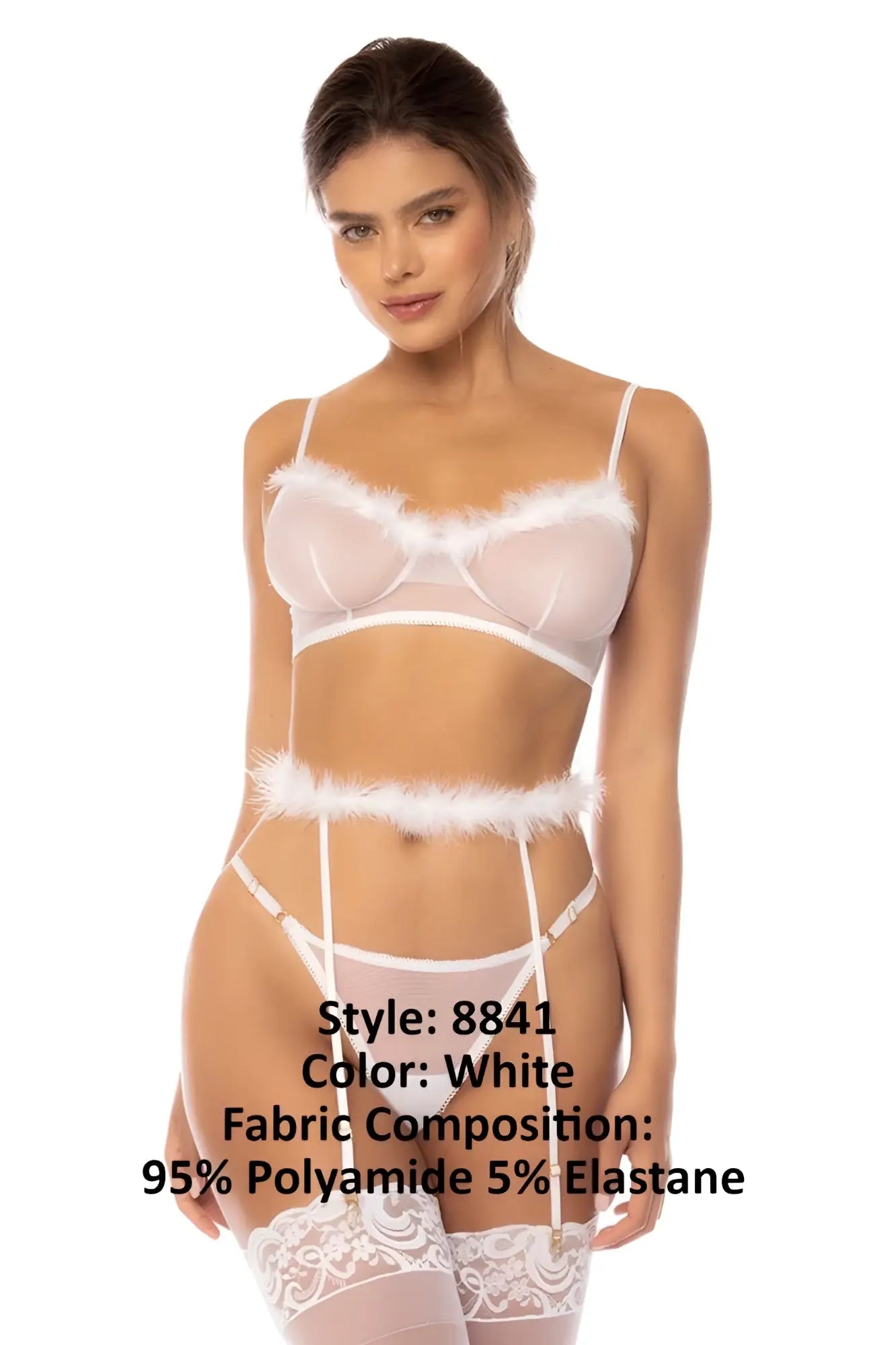 Mapale 8841 Emmie white three piece lingerie set with white lace, feathered sheer mesh cups, delicate straps, and garter belt