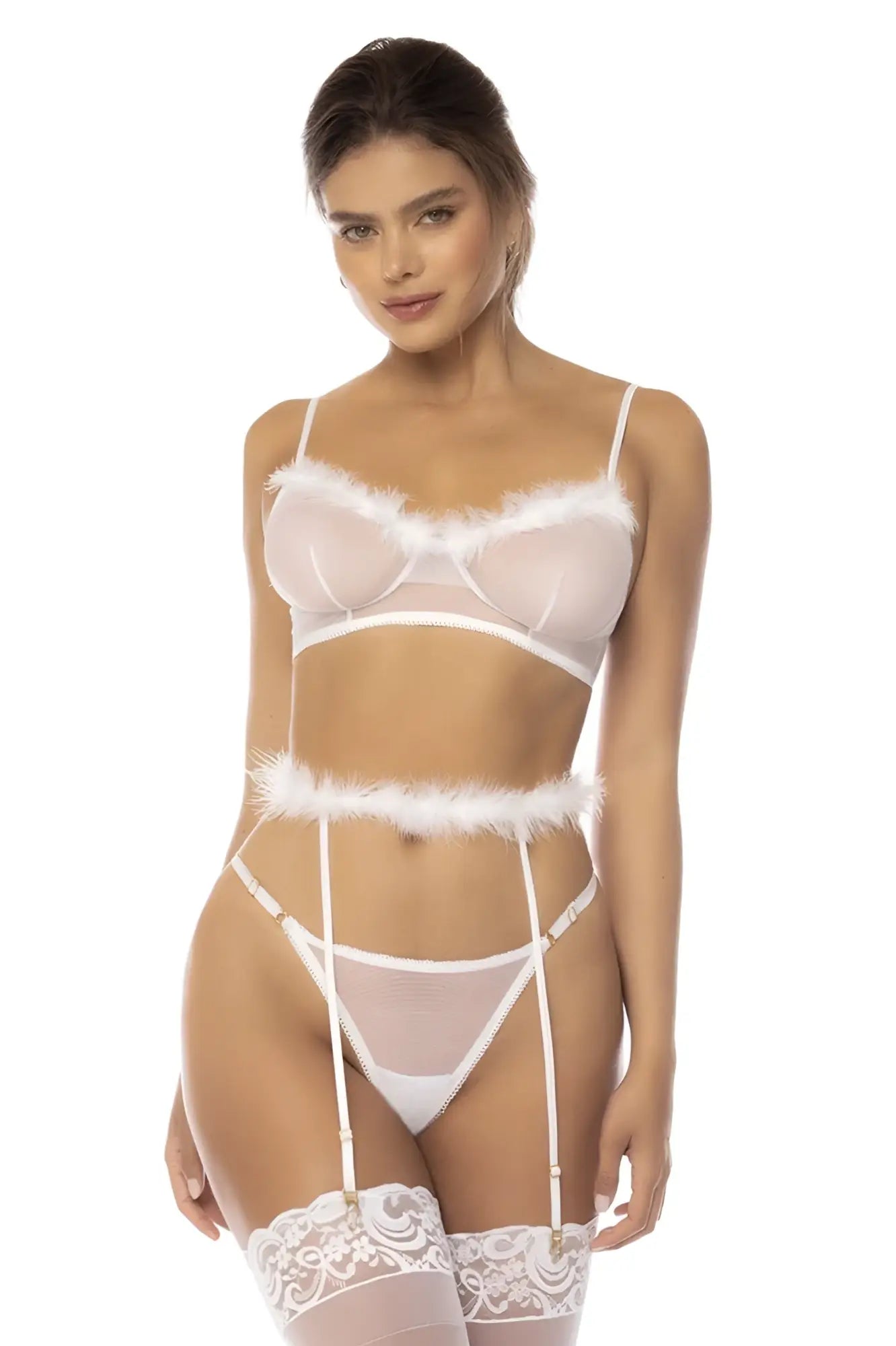 White sheer lace lingerie set with feather trim and garter straps by mapale 8841 emmie three piece set in white