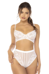 White lace bra and matching high-waisted panties with vertical stripes from mapale 8842 emberly two piece set