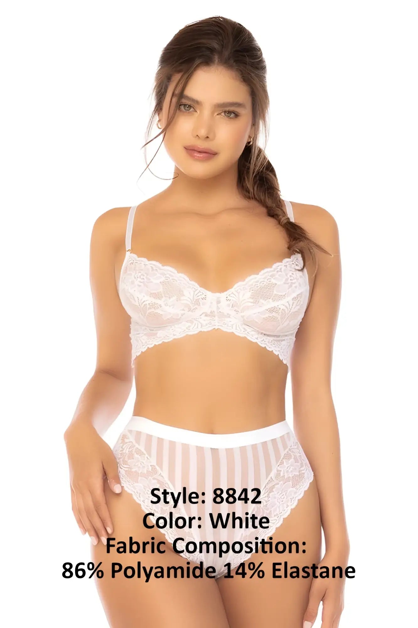 White lace bra and matching panties set with delicate floral patterns and sheer striped design by mapale 8842 emberly
