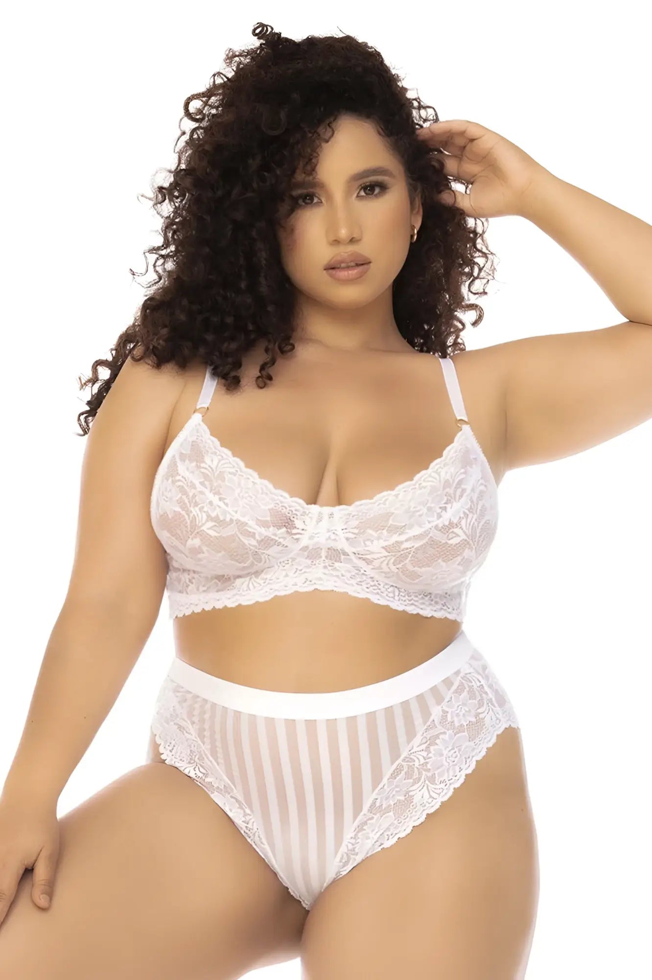 White lace bra and high-waisted panties with vertical sheer stripes from mapale 8842x emberly two piece set plus size