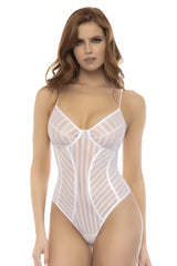 White sheer Mapale 8843 Emery bodysuit with diagonal striped mesh panels and thin spaghetti straps