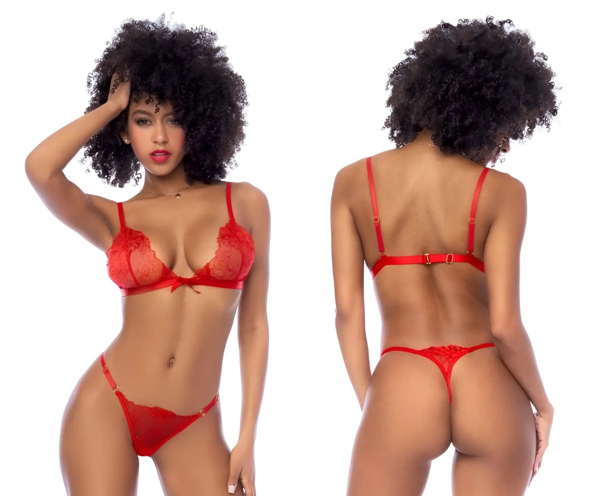 Red lace lingerie two piece set with thin straps and delicate bow detail by mapale 8844 in red