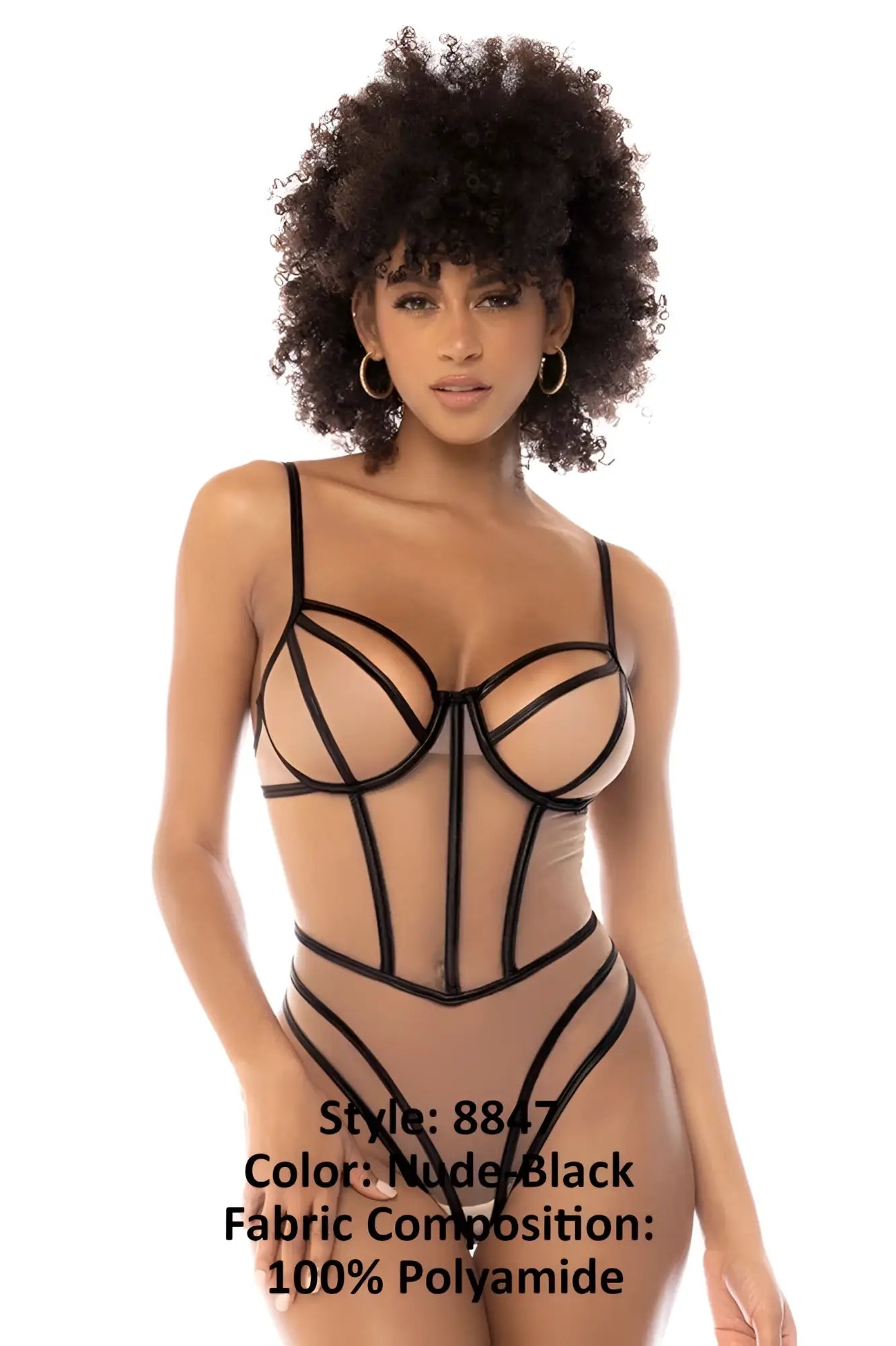 Mapale 8847 Promise bodysuit in nude black featuring black lace with nude sheer panels and a corset style design