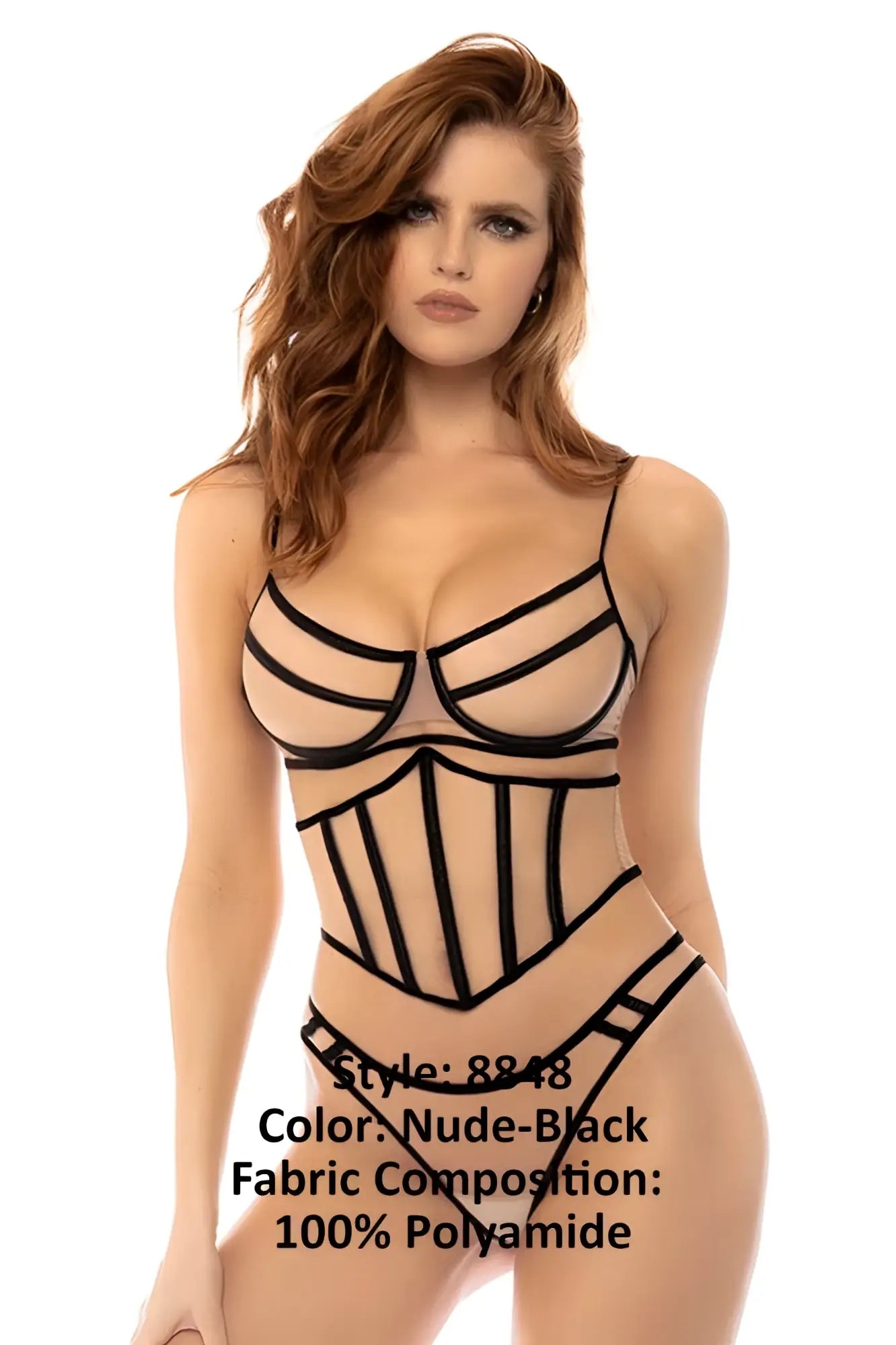 Mapale 8848 solaine nude-black sheer bodysuit with black lace-up detailing and corset-style front in sheer fabric