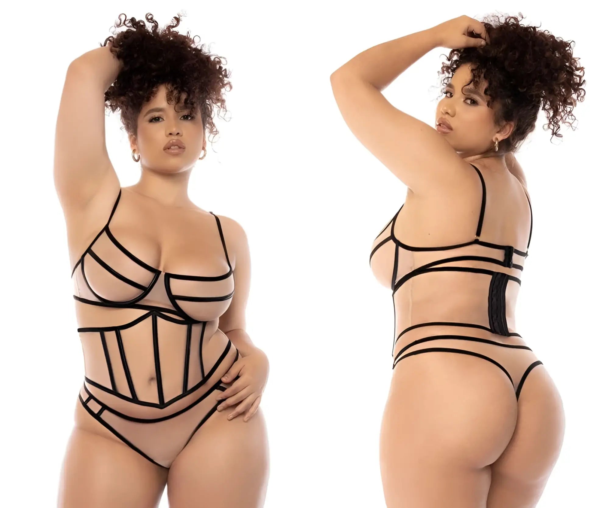 Black sheer lace bodysuit with bold geometric straps in Mapale 8848X Solaine three piece set nude and black