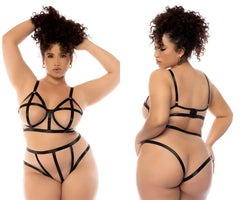 Black lace-up bra and thong set in nude and black by Mapale made of lace for elegant lingerie wear