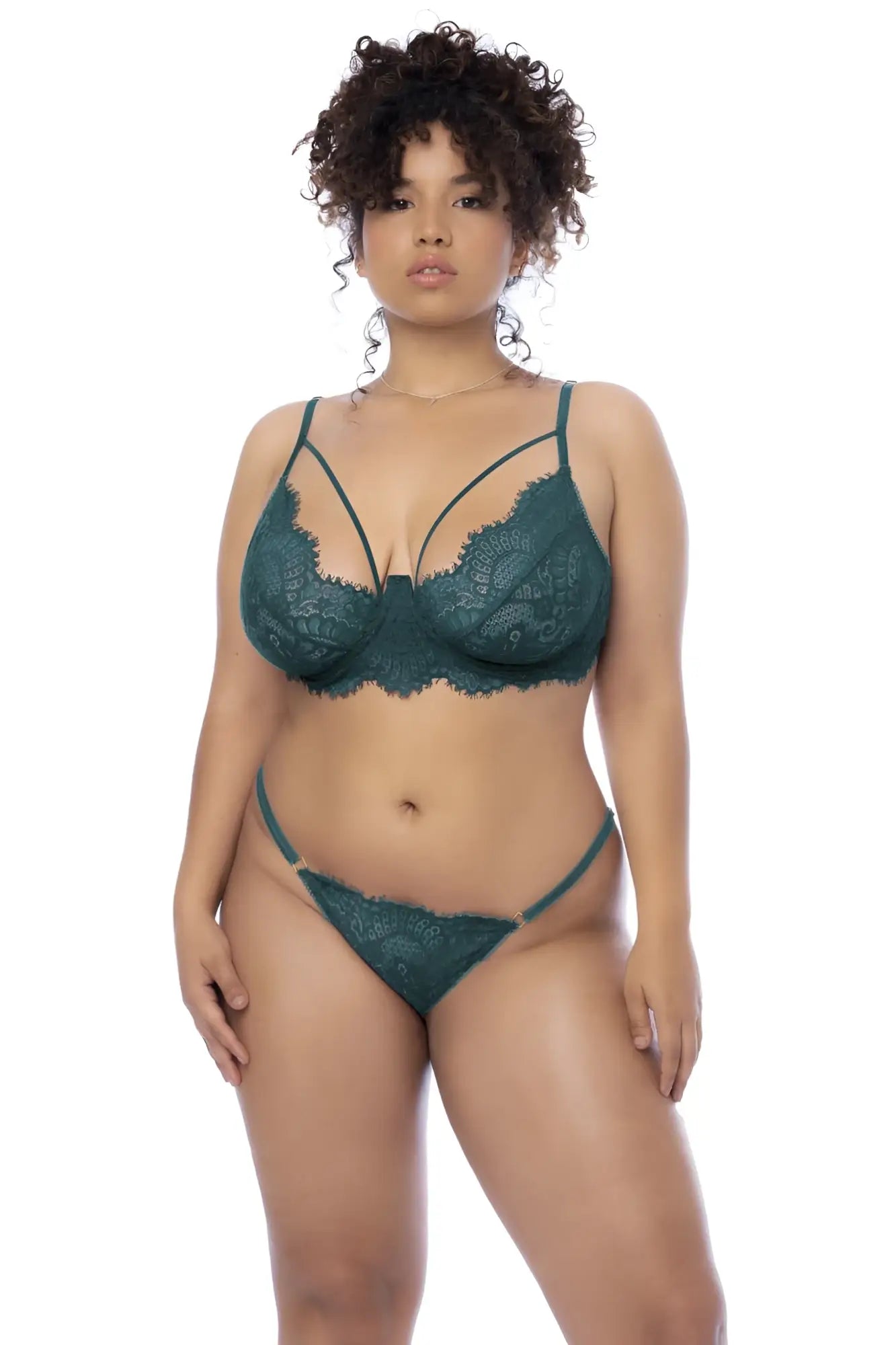 Mapale 8866X emerald green lace bra and matching thong three piece set in sea green color for lingerie use