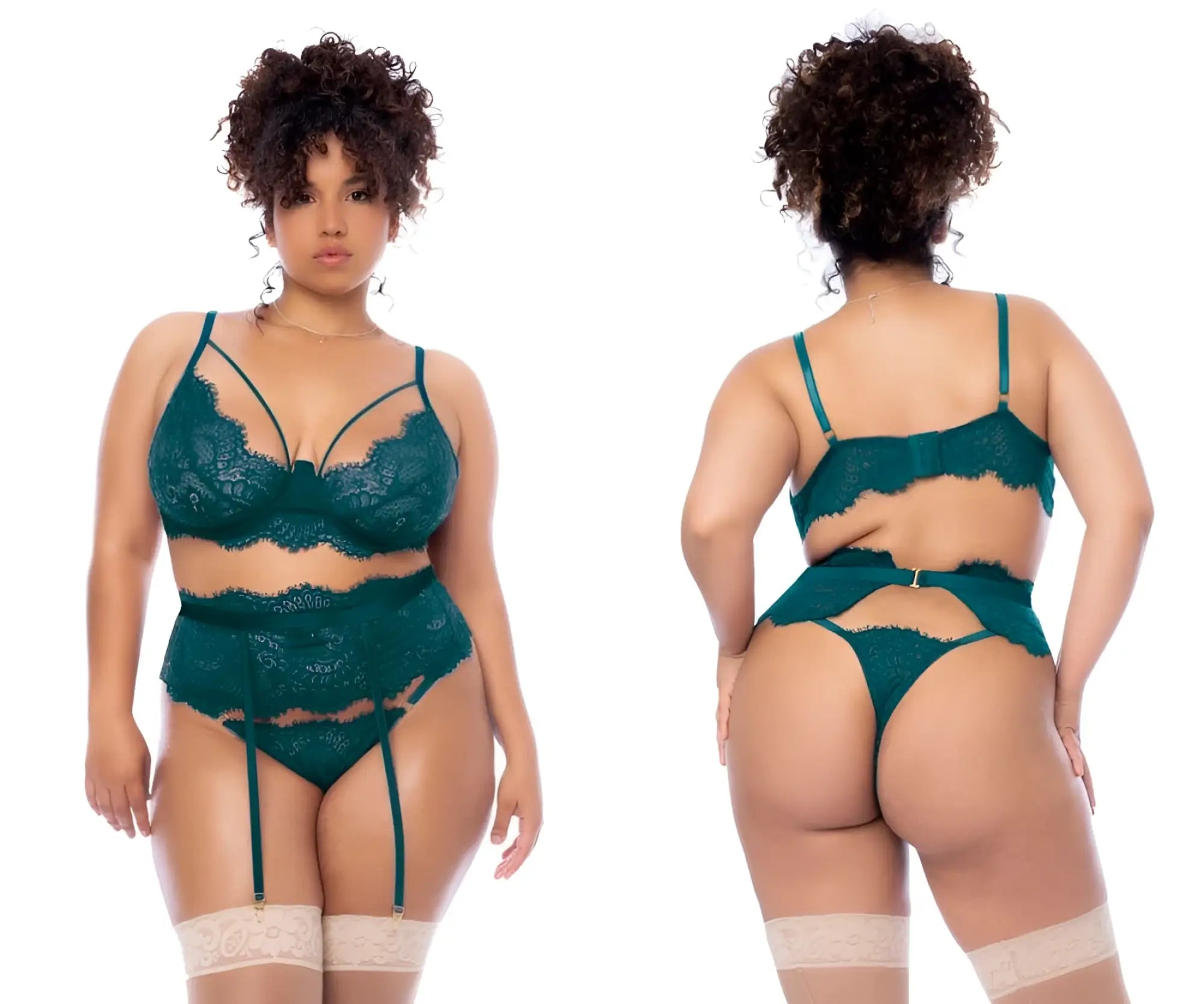 Mapale 8866X sea green three piece lace lingerie set with delicate floral patterns and matching garter straps