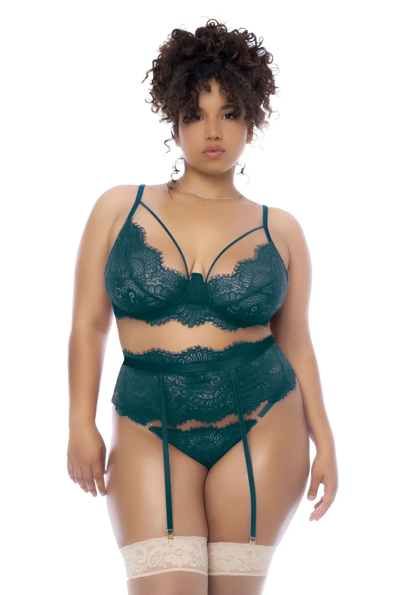 Mapale 8866x three piece set in sea green lace lingerie with matching garter belt and stockings front view