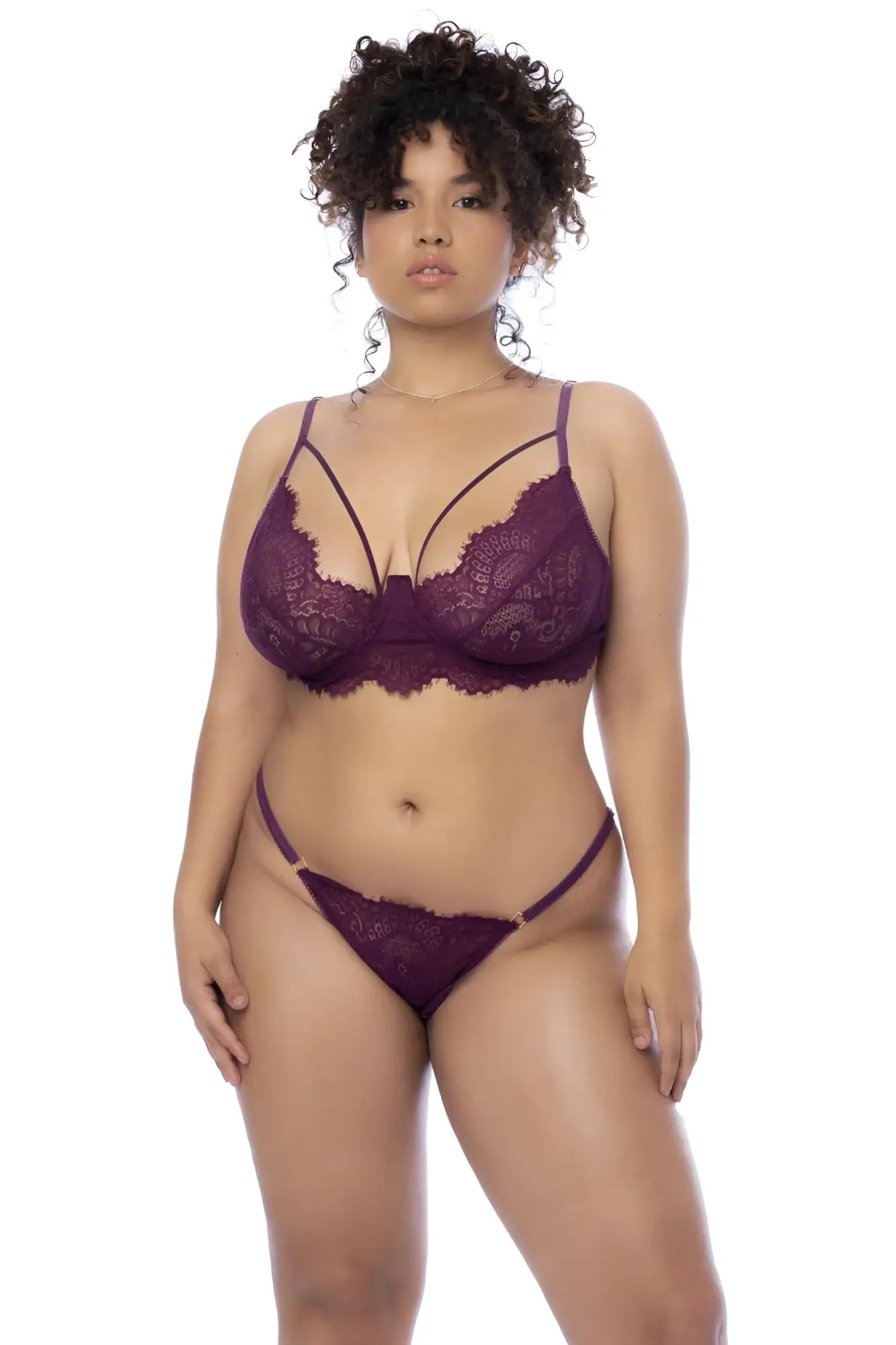 Mapale 8866x wine color three piece set featuring a purple lace bra and matching thong for intimate wear