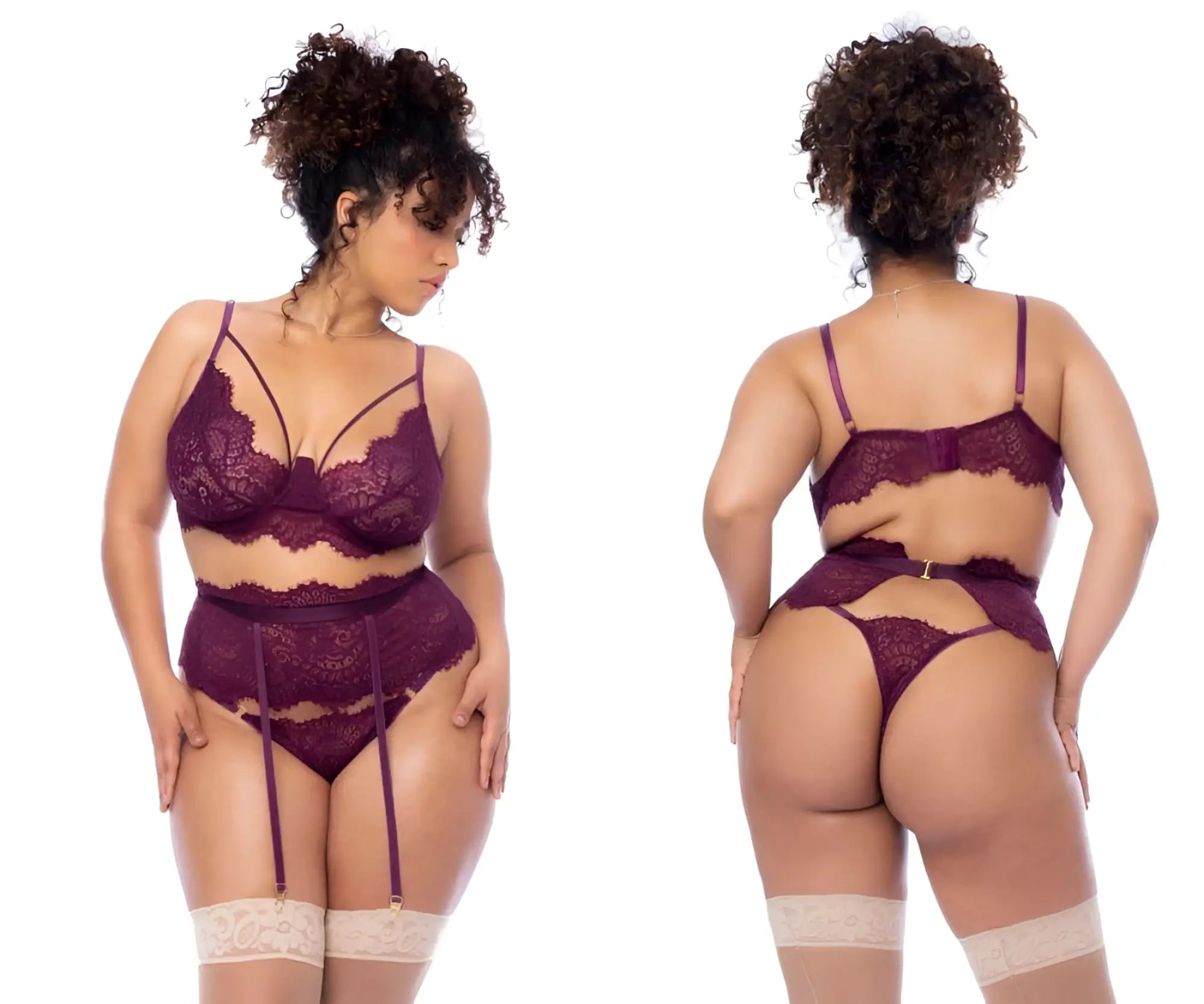 Mapale 8866x three piece set wine purple lace lingerie with matching garter belt and stockings for intimate wear