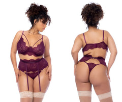 Mapale 8866x three piece set wine purple lace lingerie with matching garter belt and stockings for intimate wear