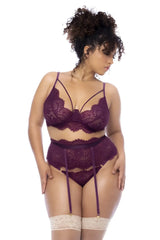 Mapale 8866X three piece set purple lace lingerie with matching suspenders and cream lace garter belts