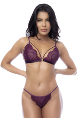 Mapale 8867 two piece set wine color purple lace bra with delicate floral patterns and matching thong with thin straps
