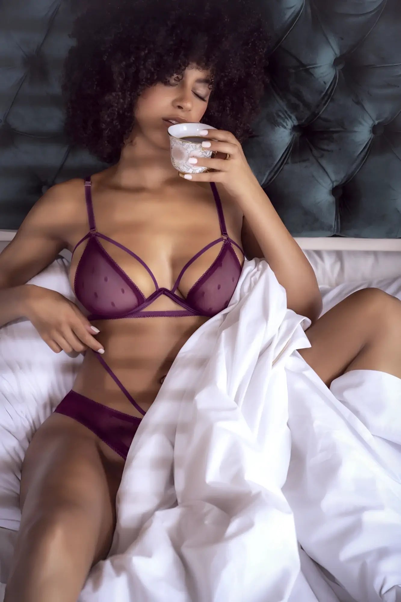 Purple lace bra with thin straps and sheer dotted mesh design from mapale 8870 two piece set in wine color