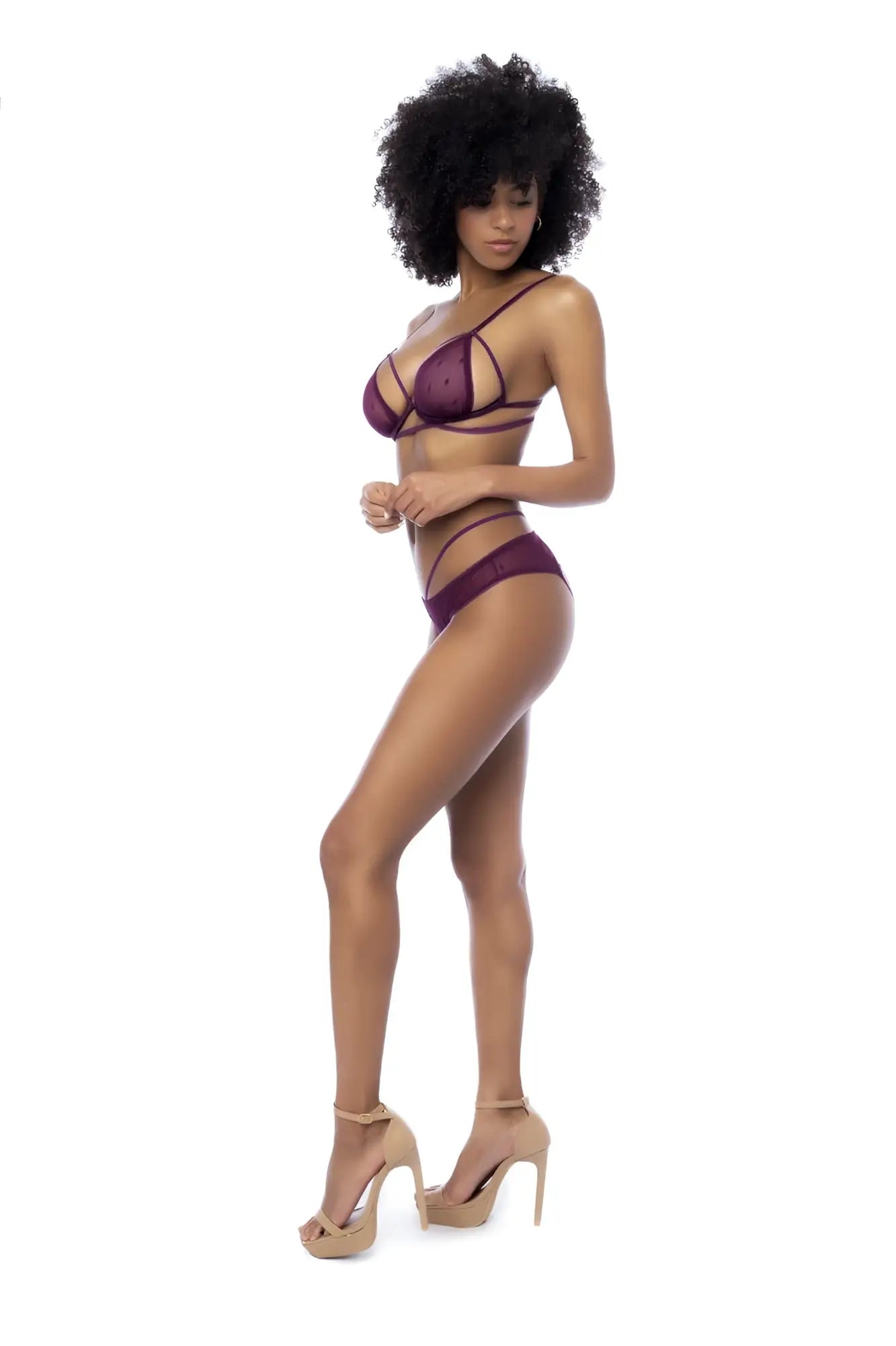 Mapale 8870 two piece wine lingerie set with purple lace mesh detailing and thin straps for intimate wear