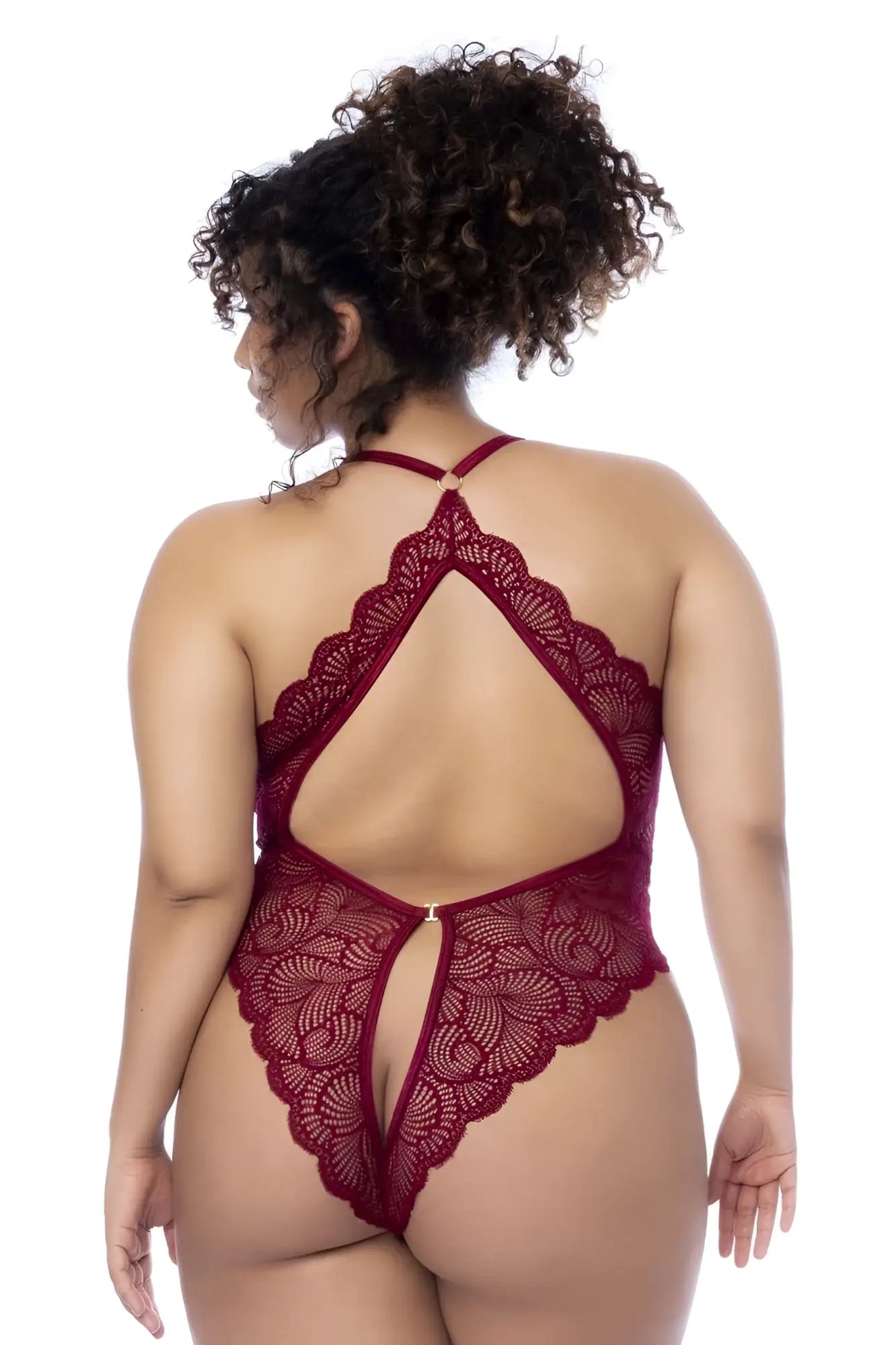 Back view of mapale 8875x bodysuit in rosewood featuring burgundy lace with detailed design and open cutouts