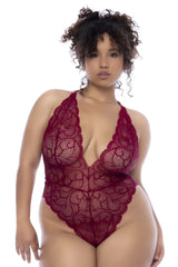 Mapale 8875X bodysuit in rosewood with deep red lace, halter neckline, and intricate floral patterns