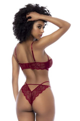 Mapale 8878 two piece lingerie set in rosewood with red lace floral patterns and thin straps for intimate wear