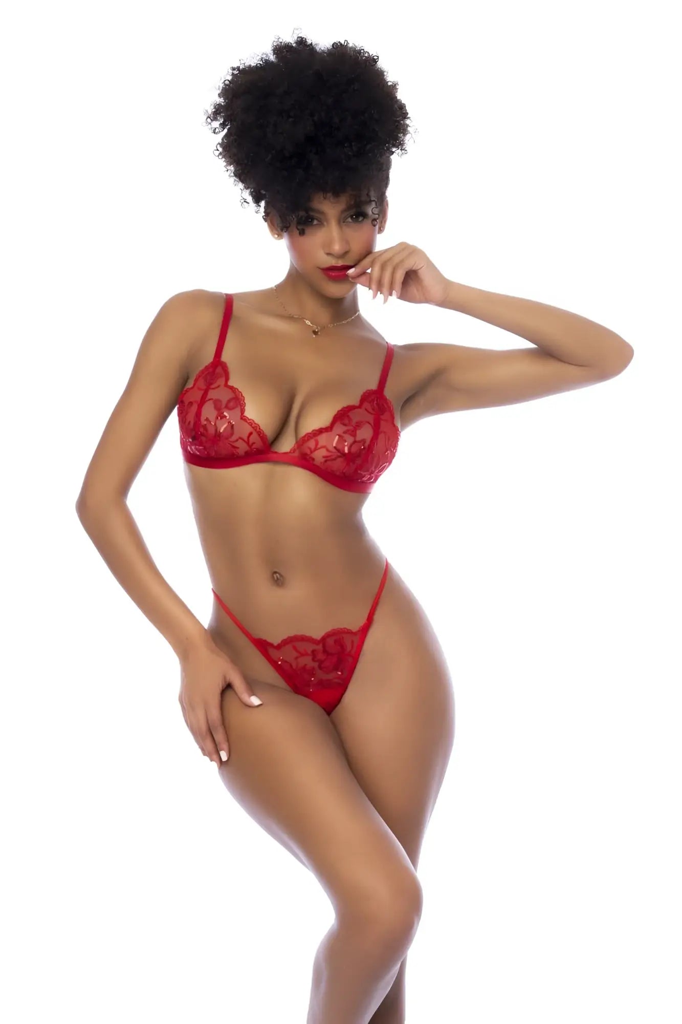 Mapale 8893 three piece red lace lingerie set with intricate floral patterns and delicate sheer material