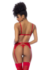Red lace lingerie three piece set with matching suspenders and thigh-high stockings by mapale 8893 in red