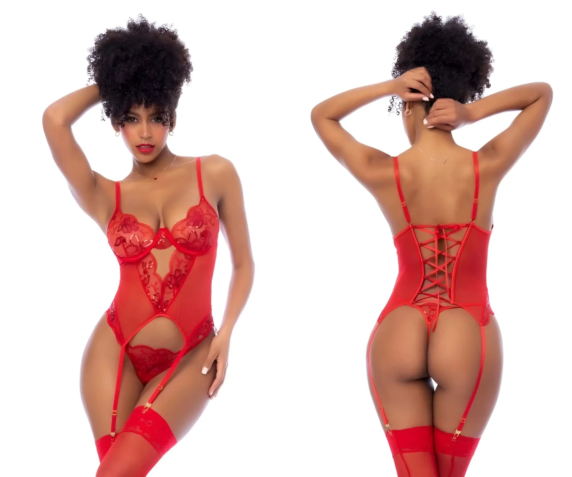 Red lace bodysuit with corset-style back lacing and matching thigh-high stockings in mapale 8896 two piece set