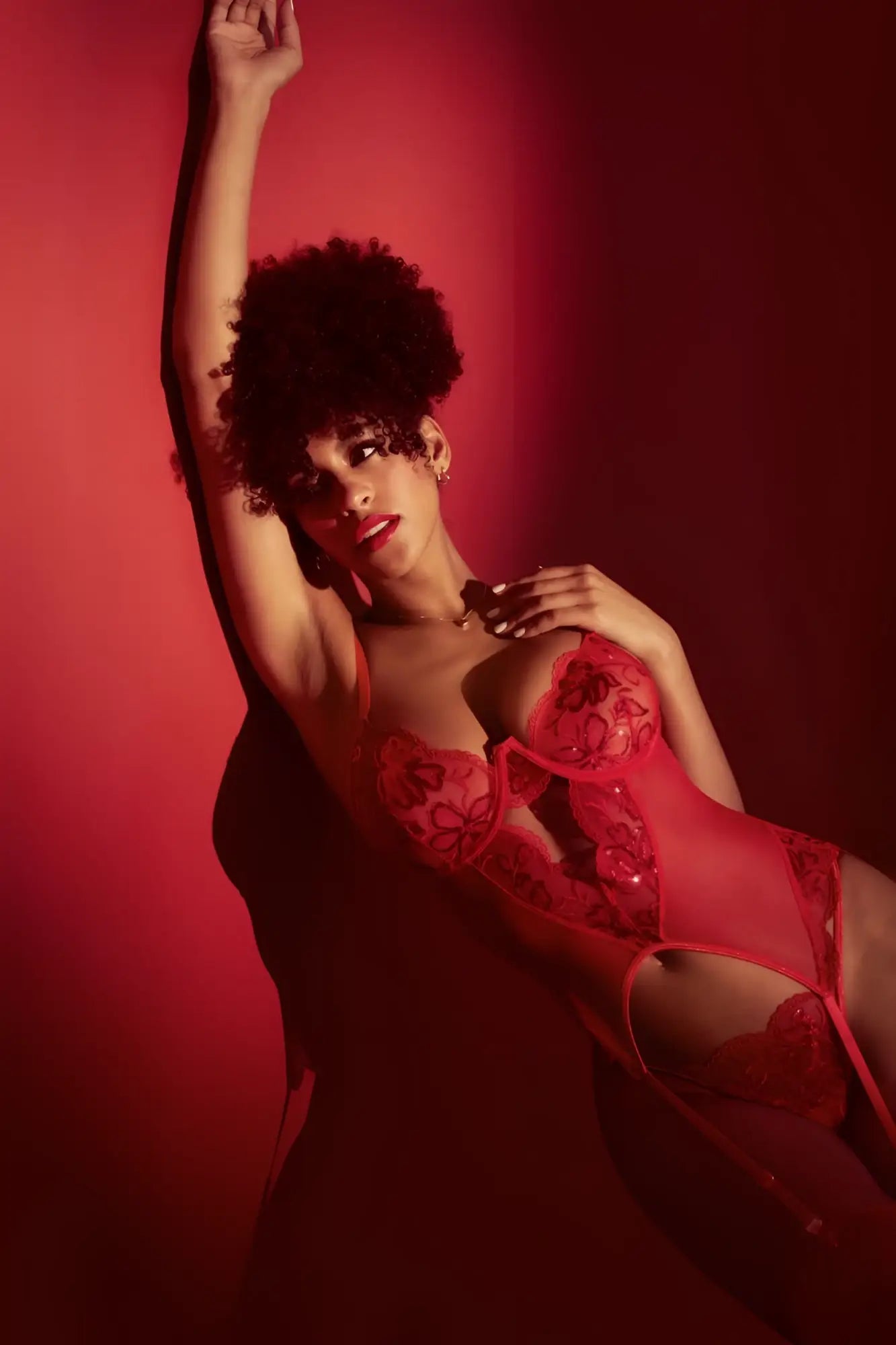 Red lace bodysuit with floral embroidery and sheer mesh panels from mapale 8896 two piece set in red color