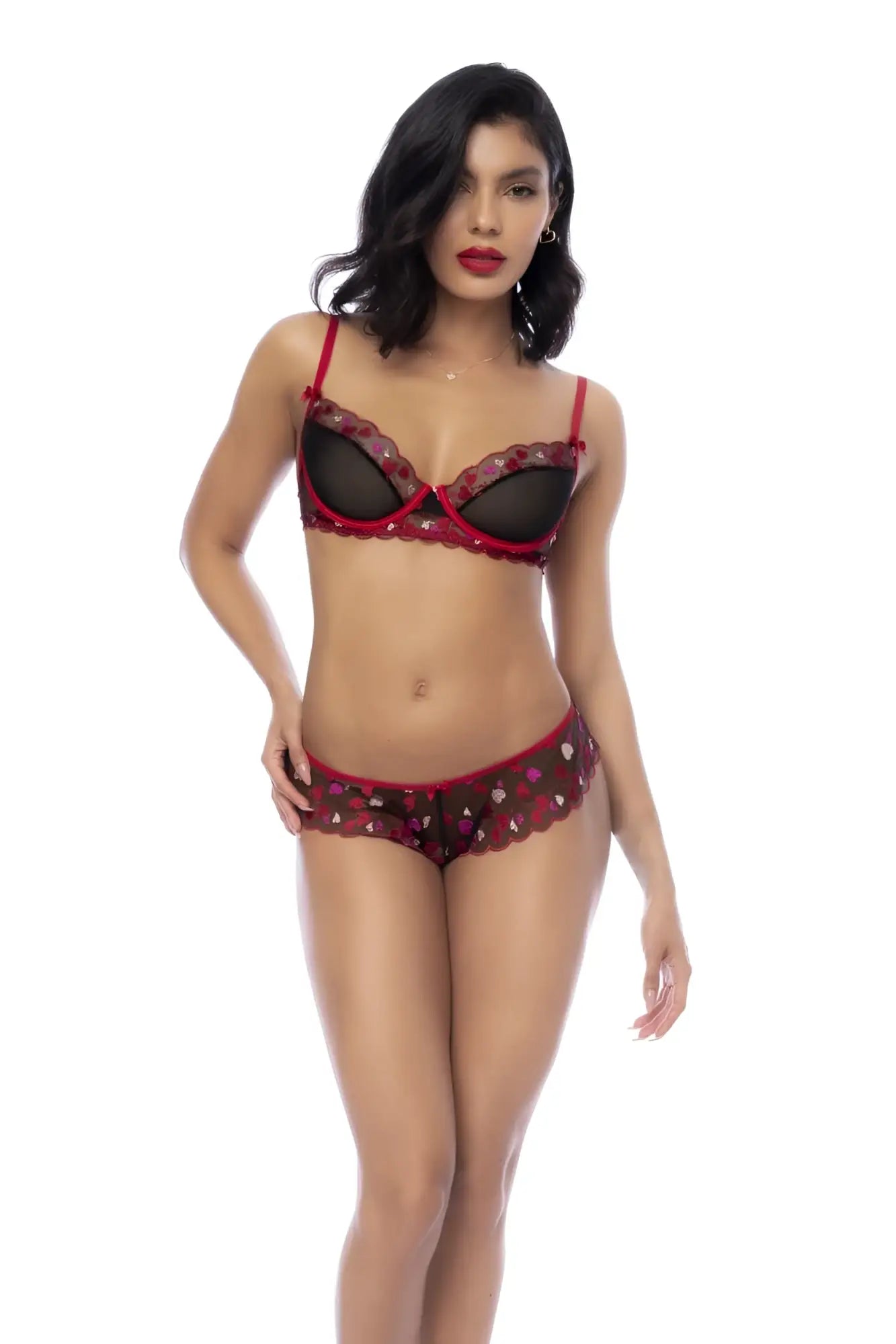 Mapale 8898 three piece red and black lace lingerie set with scalloped edges for a seductive look