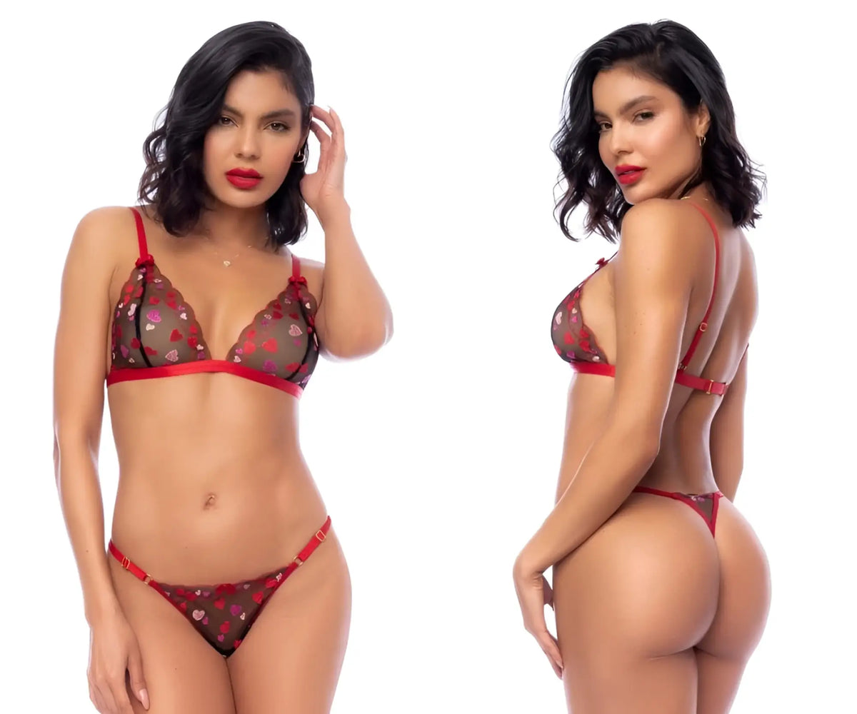 Mapale 8899 two piece red and black lace lingerie set with heart patterns featuring intricate lace design