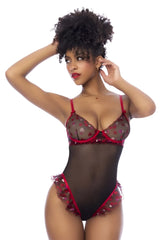 Red and black sheer teddy bodysuit by mapale with heart-patterned mesh panels and ruffled trim