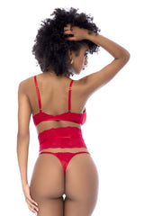 Red lace lingerie set with thin straps and high waisted thong by mapale 8904 in vibrant red color