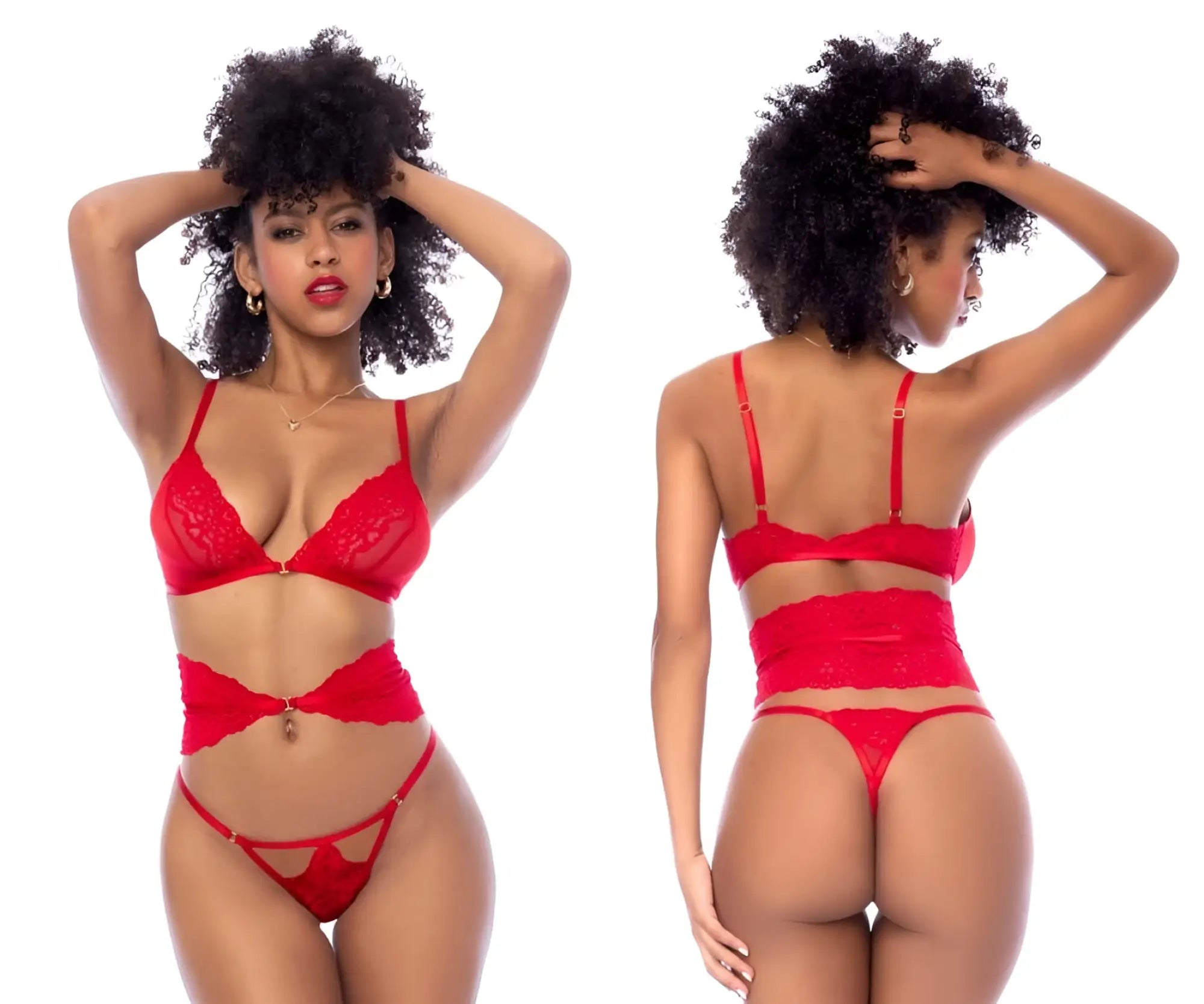 Red lace lingerie three piece set by Mapale with thin straps and central clasp in vibrant red color