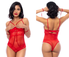 Red lace bodysuit with thin straps and front closure by Mapale 8908 in vibrant red color