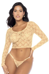 Beige lace crop top with long sleeves and matching thong in light yellow from mapale 8918 two piece set