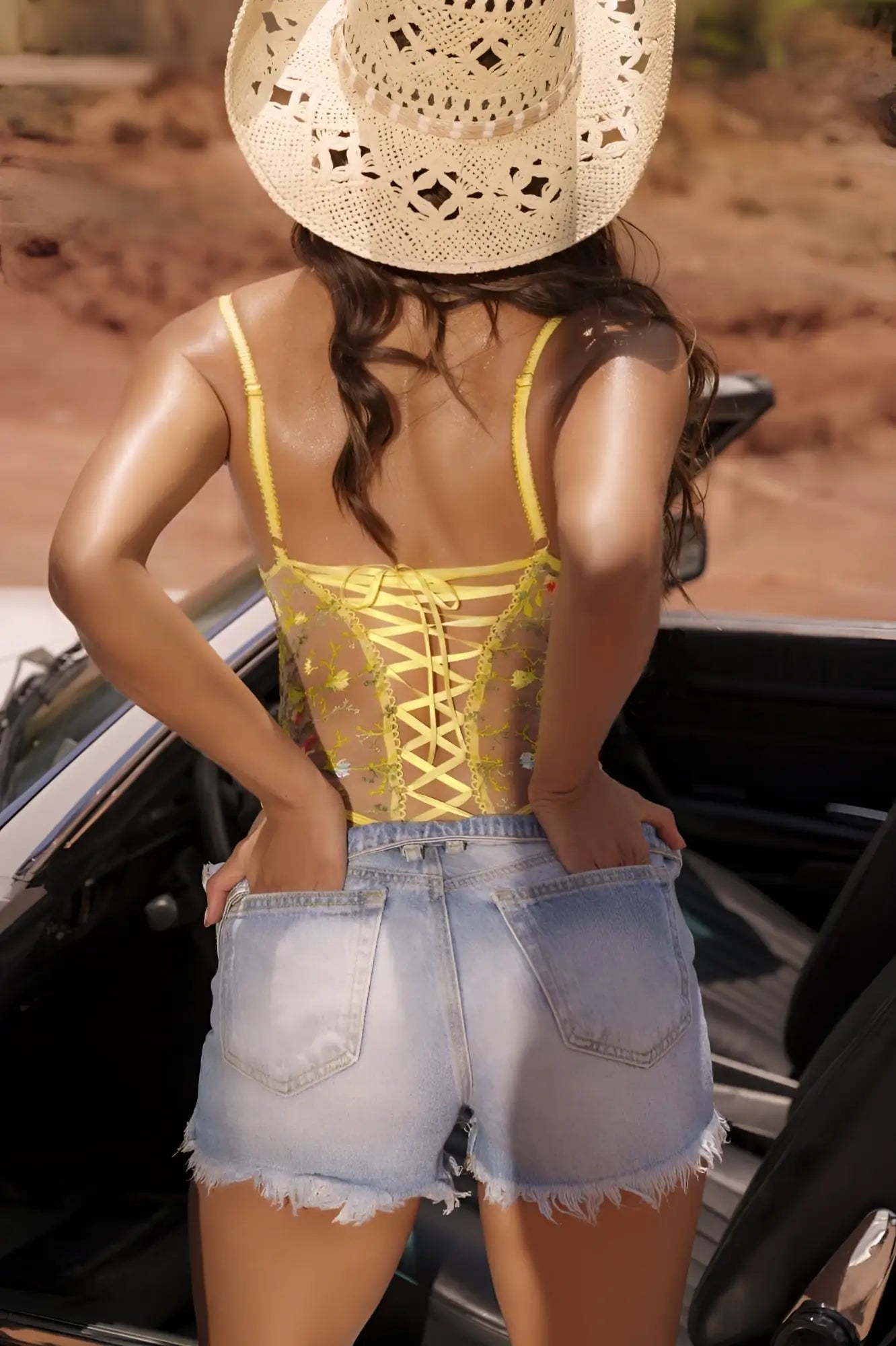 Yellow lace corset teddy top with gold embroidery and crisscross back detailing by mapale 8925 sunlit bliss back view