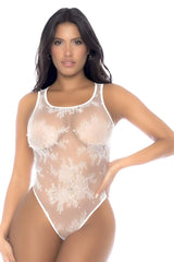 White sheer lace bodysuit mapale 8932 teddy with floral embroidery and high-cut leg design in white color