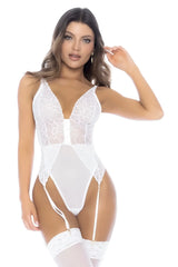 White lace bodysuit with sheer panels and garter straps mapale 8934 teddy in white color