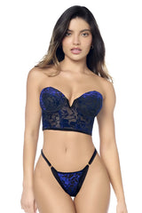 Deep blue lace corset bra with floral embroidery and matching thong from mapale 8939 two piece set black-blue