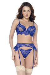 Blue lace lingerie three piece set with intricate floral patterns and matching suspenders by Mapale 8941 in blue