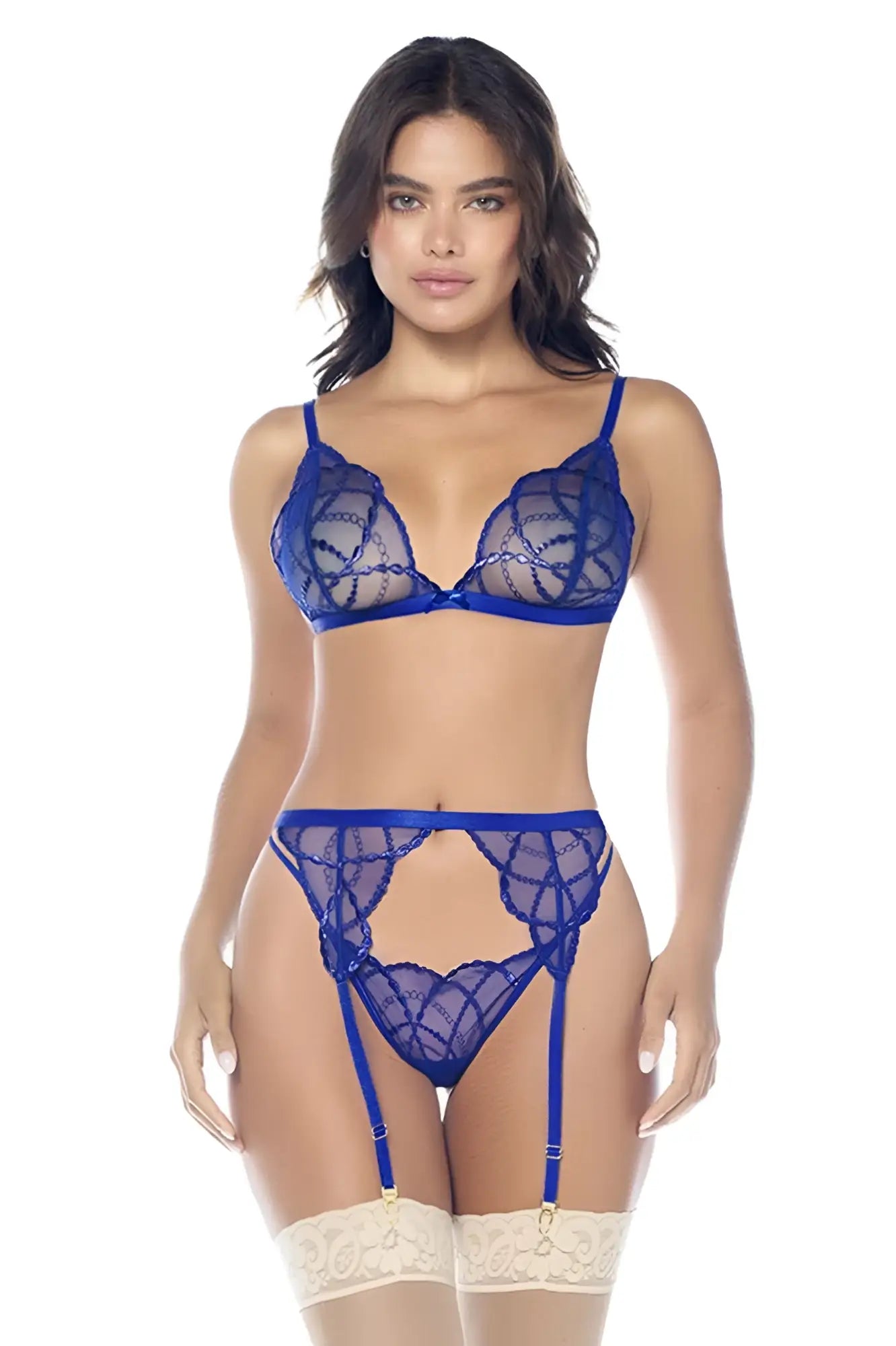 Mapale 8944 three piece sapphire blue lace lingerie set with intricate geometric patterns and matching garter straps