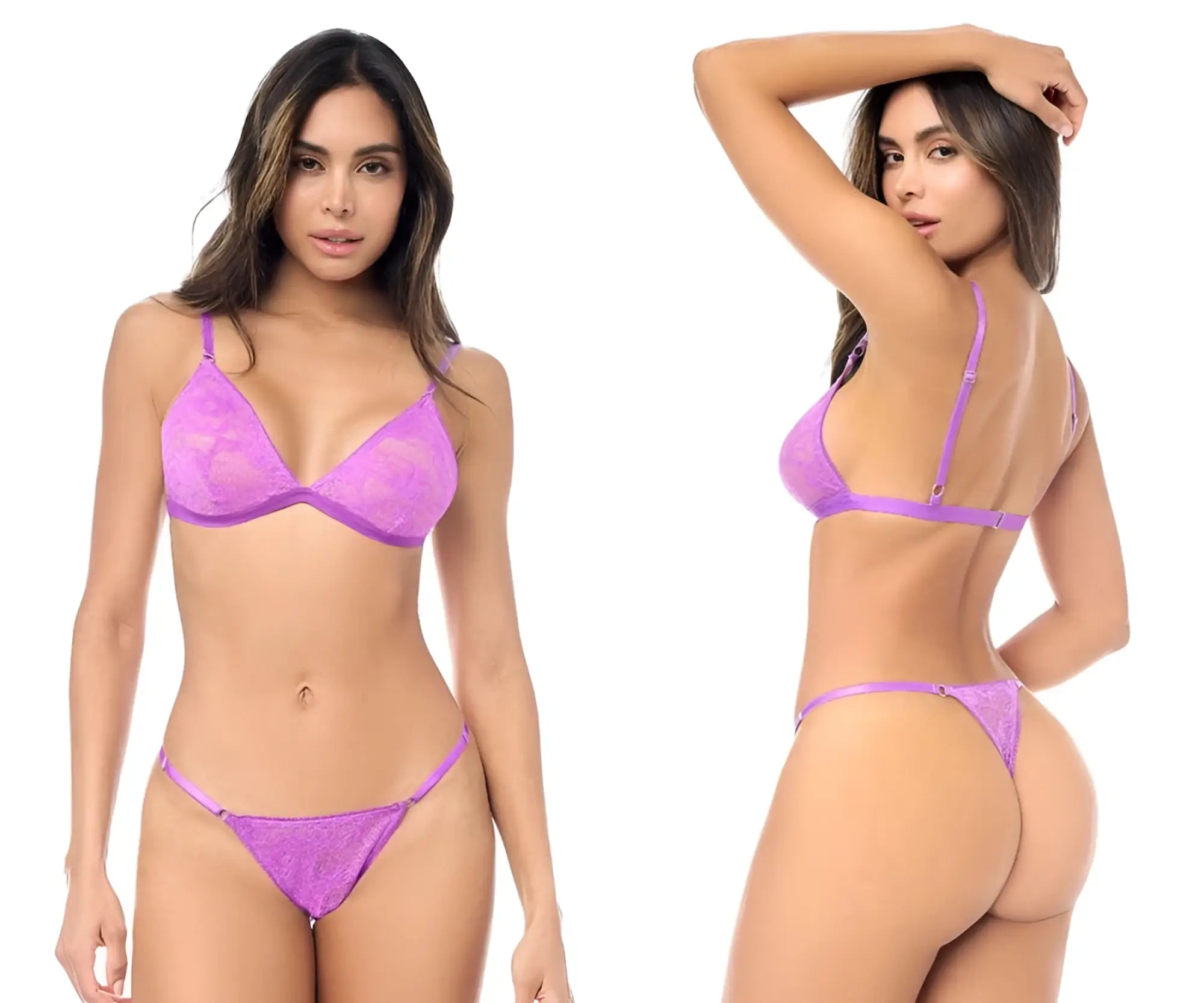 Purple lace lingerie set by mapale featuring a triangle bra and thong with delicate floral patterns in wild orchid