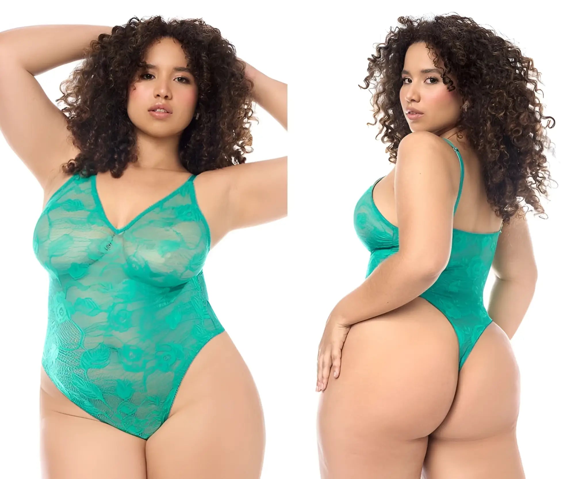 Mapale 8950X emerald green lace bodysuit with delicate floral patterns and thin spaghetti straps